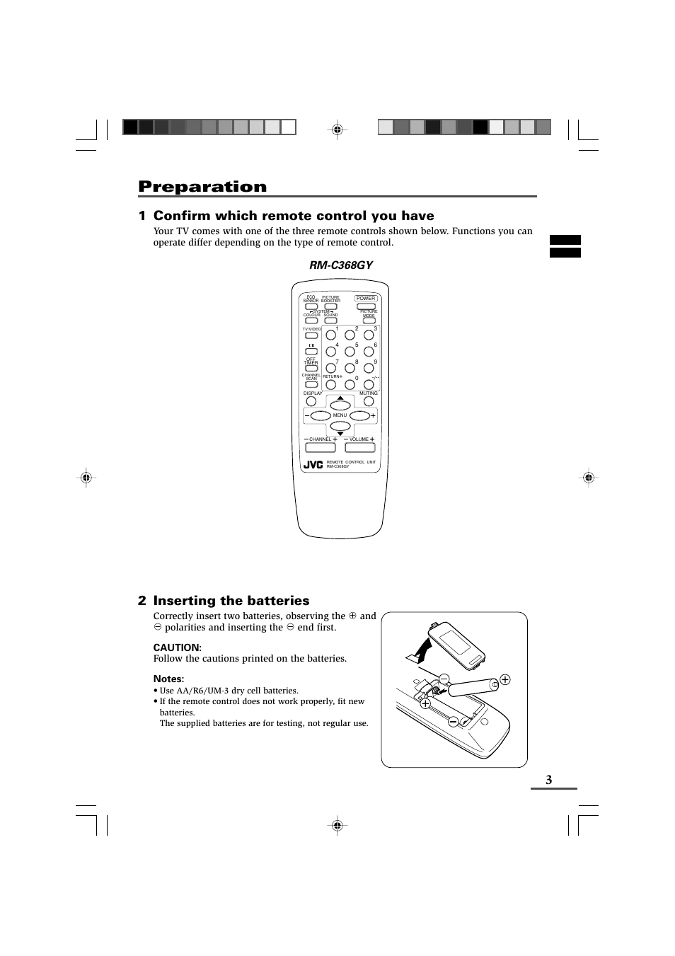 Preparation, 1 confirm which remote control you have, 2 inserting the batteries | Rm-c368gy | JVC AV-14F43 User Manual | Page 3 / 20