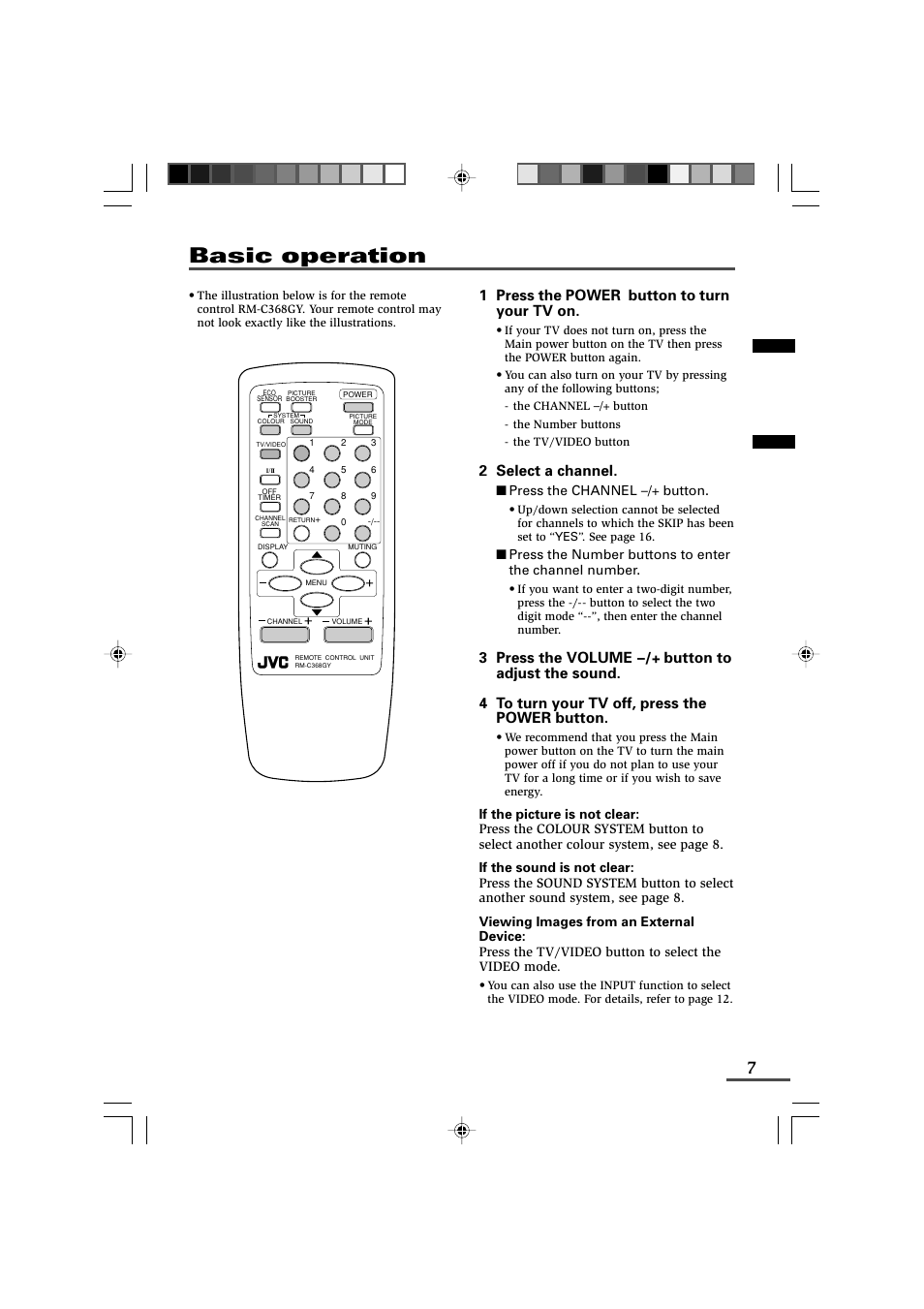 Basic operation, 1 press the power button to turn your tv on, 2 select a channel | JVC AV-14F43 User Manual | Page 7 / 20