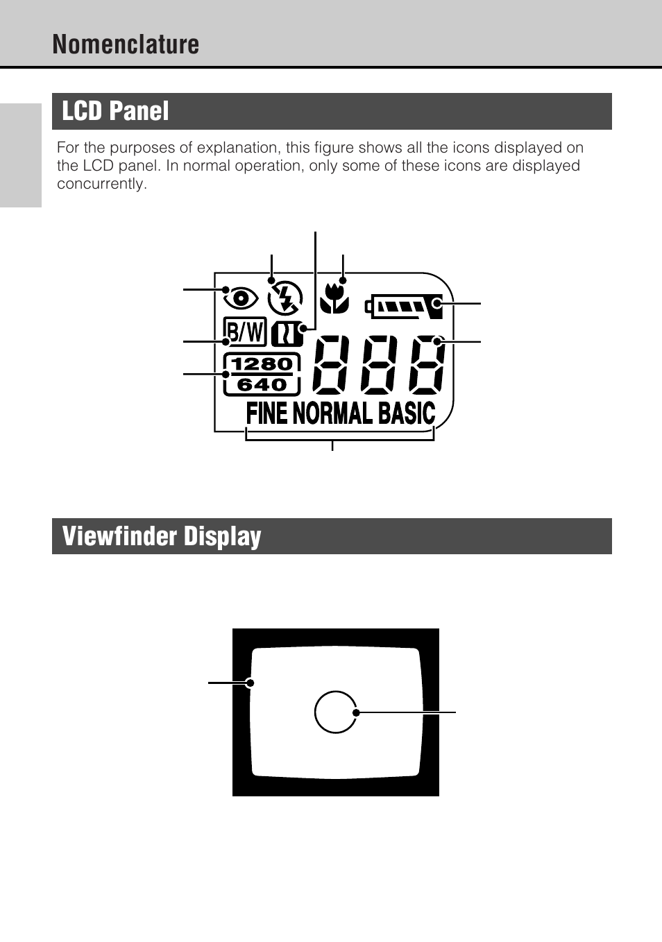 Nomenclature, Lcd panel, Viewfinder display | JVC GC-S5 User Manual | Page 10 / 100