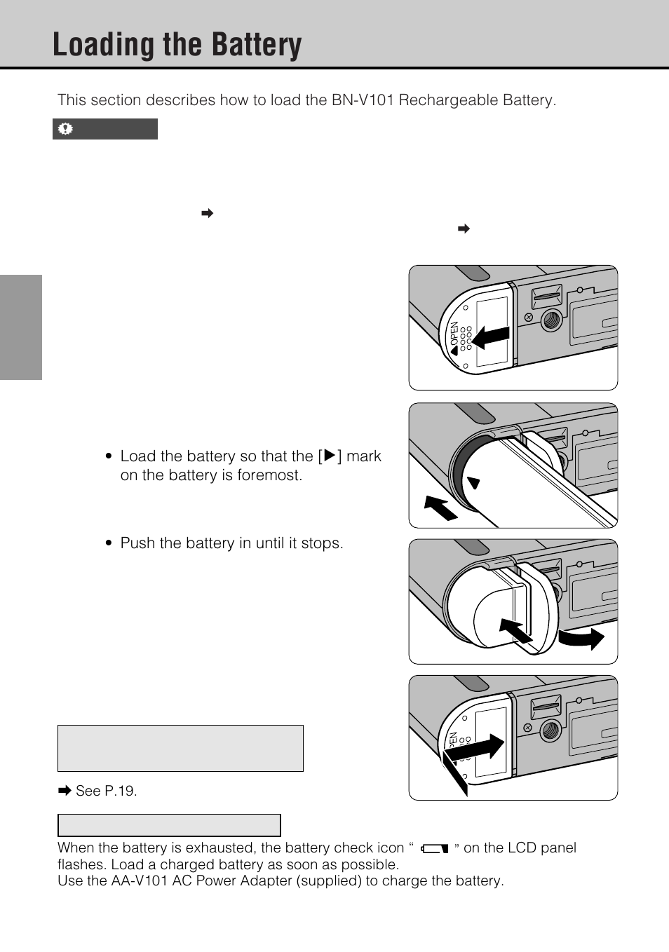 Loading the battery | JVC GC-S5 User Manual | Page 16 / 100