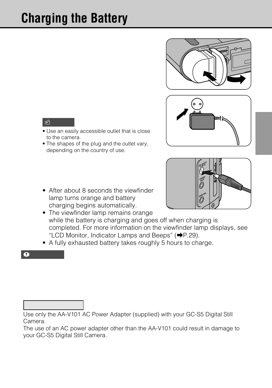 Charging the battery | JVC GC-S5 User Manual | Page 17 / 100