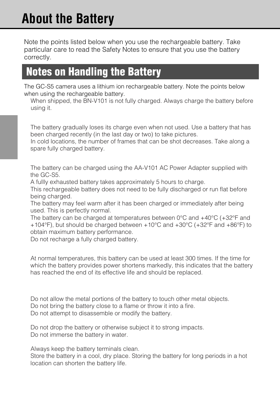 About the battery | JVC GC-S5 User Manual | Page 18 / 100