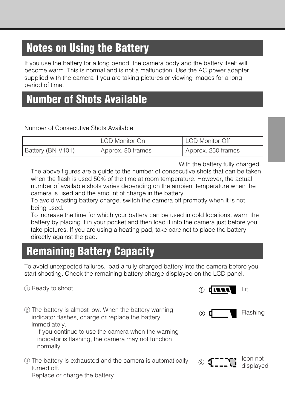 Number of shots available, Remaining battery capacity, Reference | JVC GC-S5 User Manual | Page 19 / 100