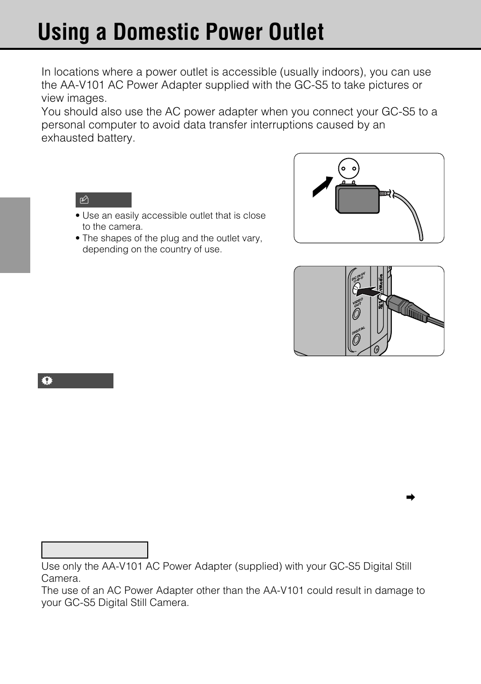 Using a domestic power outlet, Plug the ac power adapter into the power outlet | JVC GC-S5 User Manual | Page 20 / 100