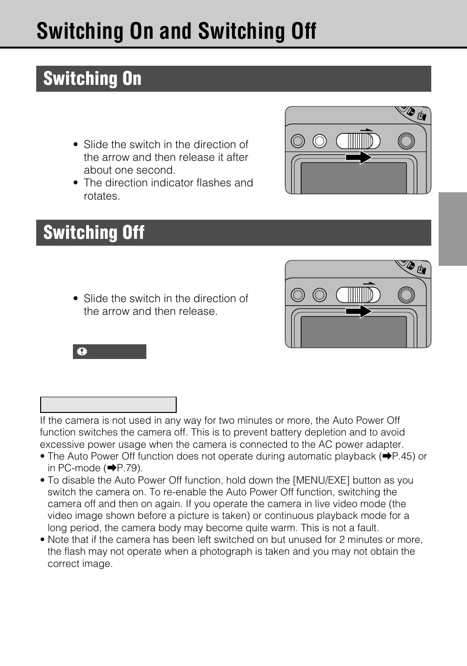 Switching on and switching off, Switching on, Switching off | Slide the power switch to the right | JVC GC-S5 User Manual | Page 21 / 100