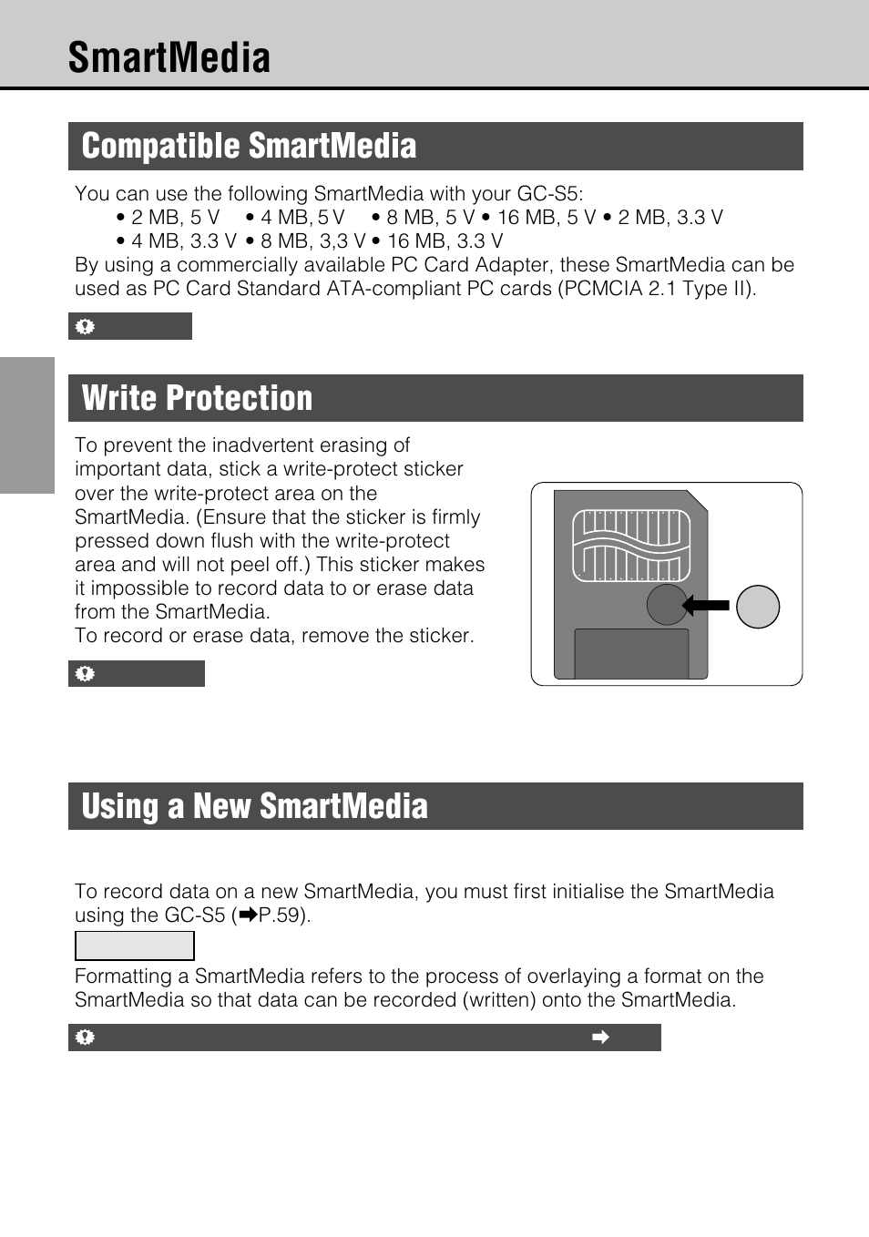 Smartmedia, Compatible smartmedia, Write protection | Using a new smartmedia | JVC GC-S5 User Manual | Page 22 / 100