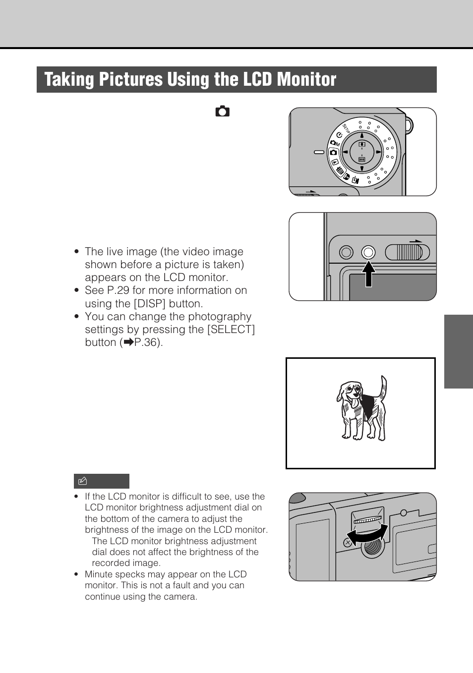 Taking pictures using the lcd monitor, Set the mode dial to [ r, Press the [disp] button | Look at the lcd monitor to compose the picture | JVC GC-S5 User Manual | Page 33 / 100