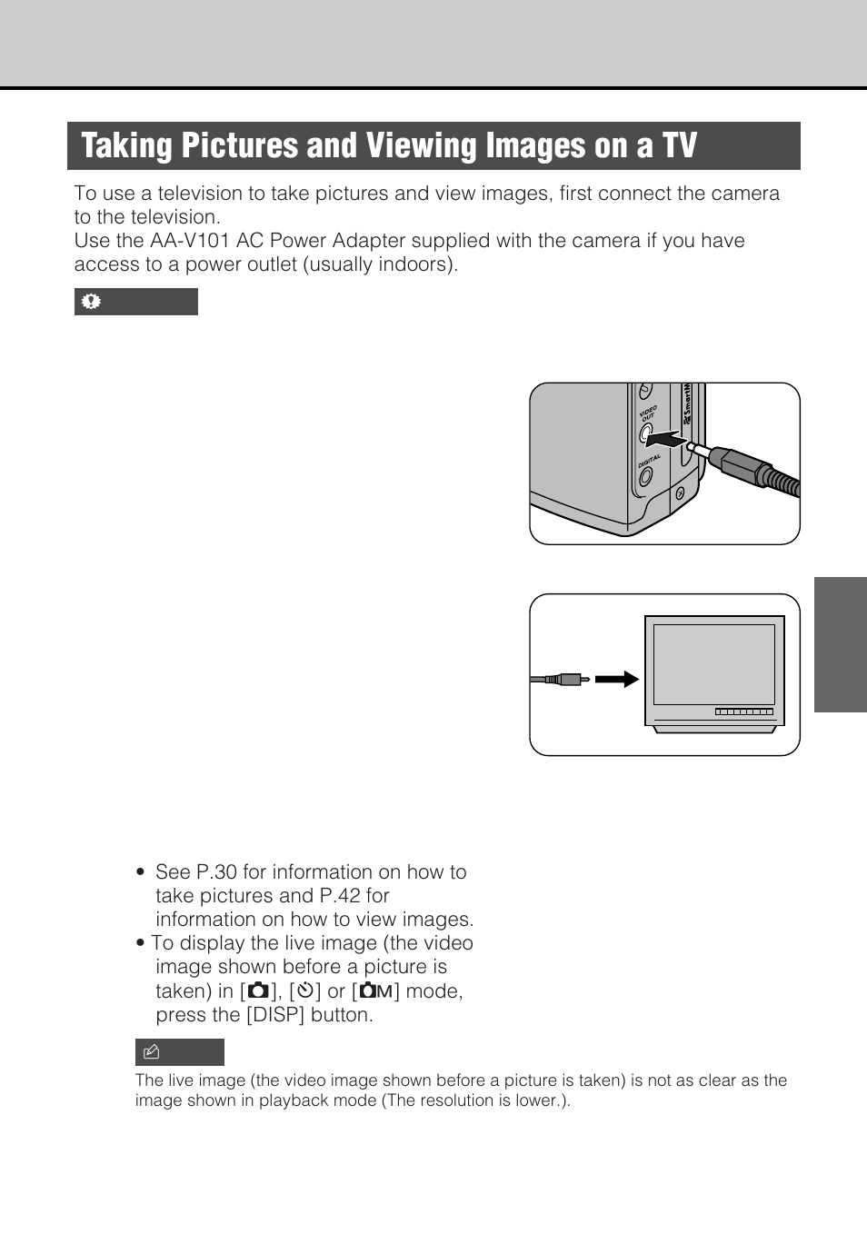 Taking pictures and viewing images on a tv | JVC GC-S5 User Manual | Page 35 / 100