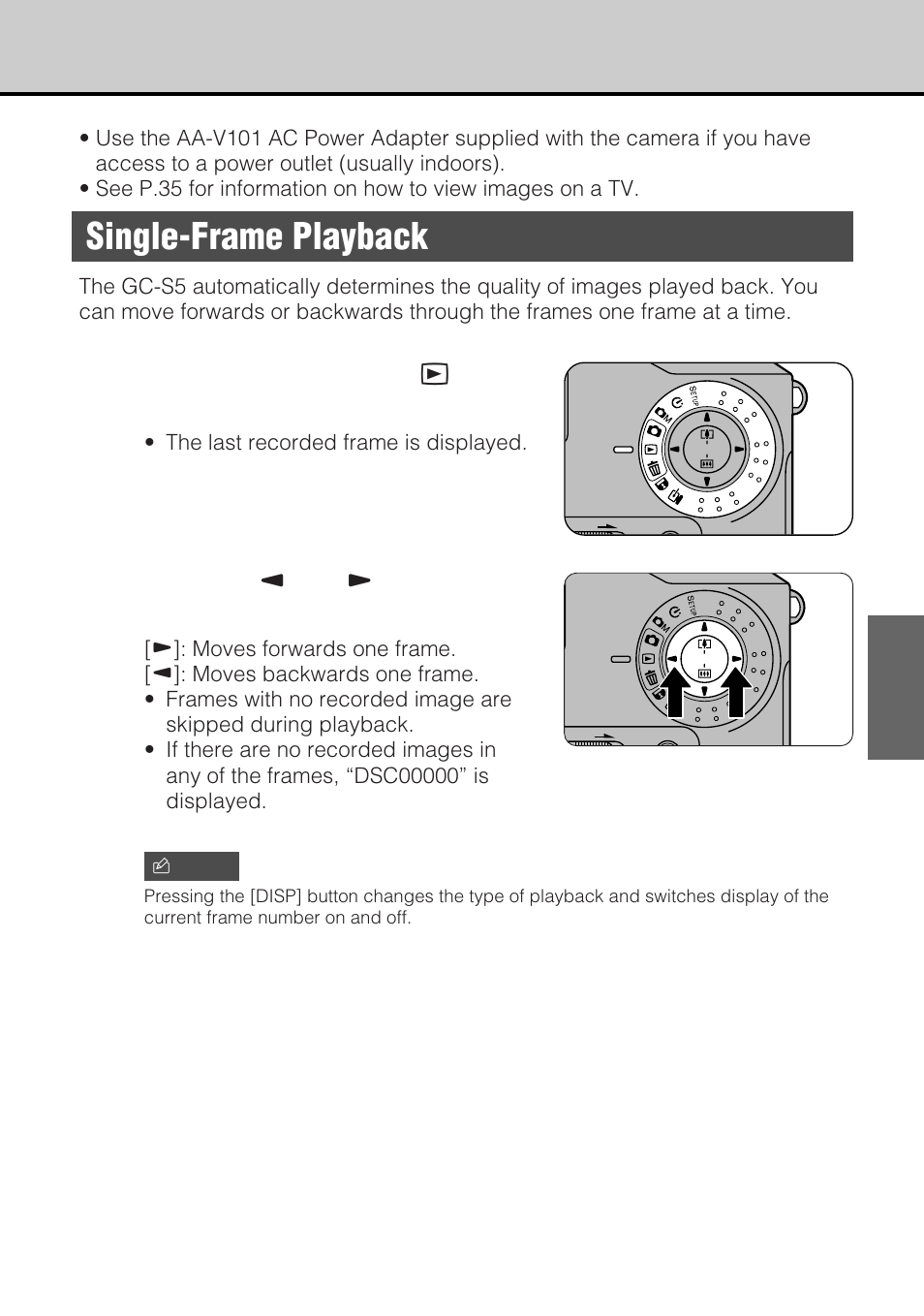 Single-frame playback, Set the mode dial to [ p | JVC GC-S5 User Manual | Page 43 / 100