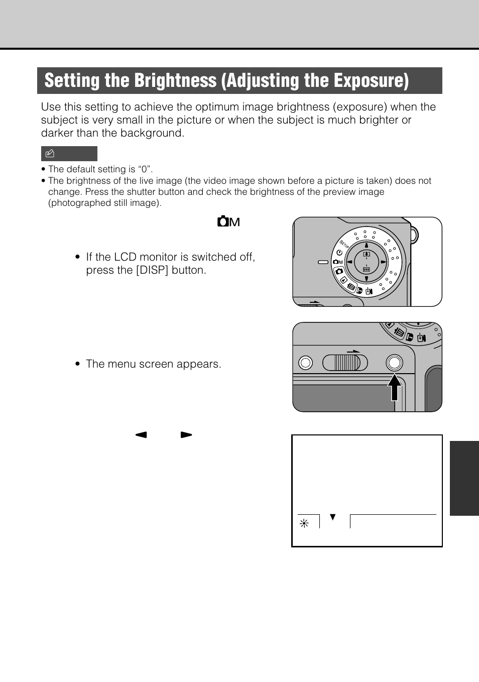 Setting the brightness (adjusting the exposure), Set the mode dial to [ r, Press the [menu/exe] button | Use the [ 3 ] or [ 4 ] button to select [ev | JVC GC-S5 User Manual | Page 71 / 100