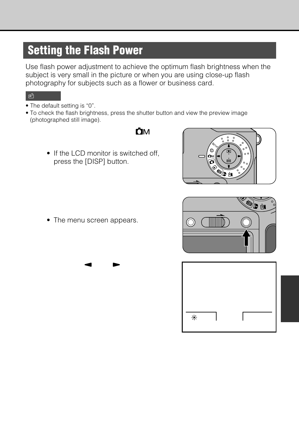 Setting the flash power, Set the mode dial to [ r, Press the [menu/exe] button | Use the [ 3 ] or [ 4 ] button to select [flash | JVC GC-S5 User Manual | Page 73 / 100