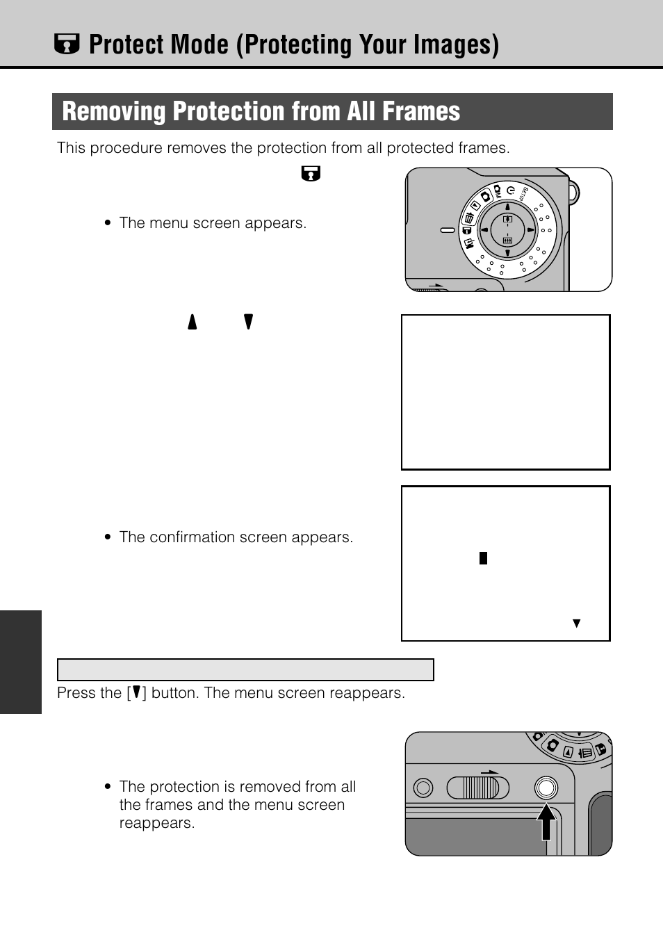 Removing protection from all frames, Lprotect mode (protecting your images) | JVC GC-S5 User Manual | Page 78 / 100