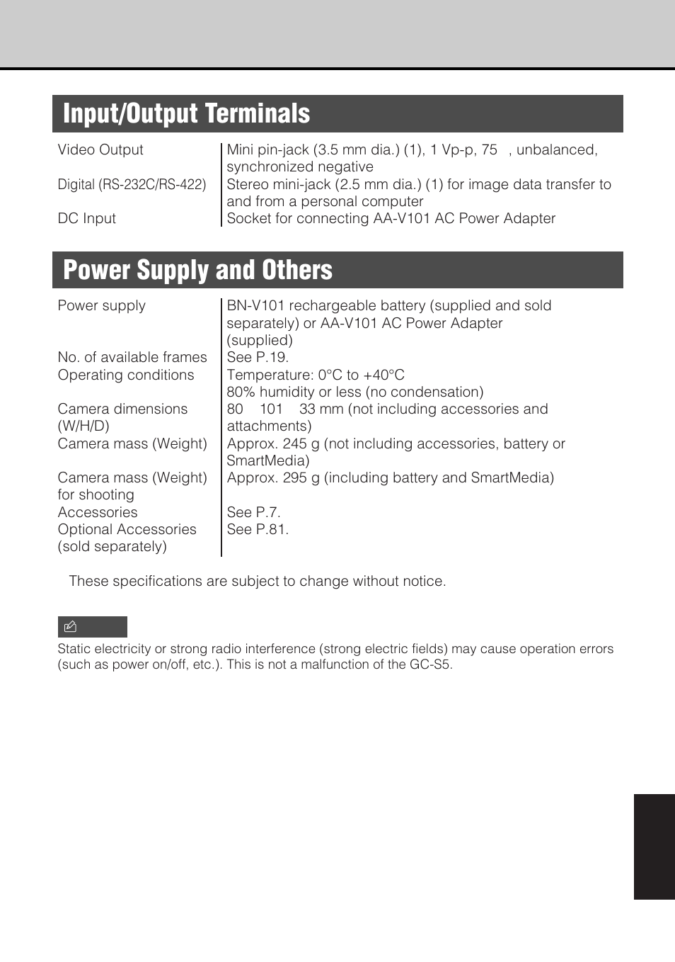 Input/output terminals, Power supply and others | JVC GC-S5 User Manual | Page 95 / 100