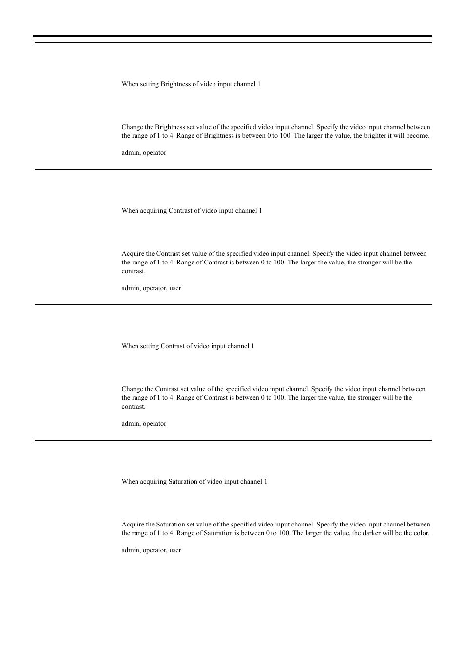Setting brightness for vn-e4, Acquiring contrast from vn-e4, Setting contrast for vn-e4 | Acquiring saturation from vn-e4, Api for acquiring/changing parameters of vn-e4, Signal input setting brightness for vn-e4 | JVC 4ch Network Encoder VN-E4 User Manual | Page 20 / 80