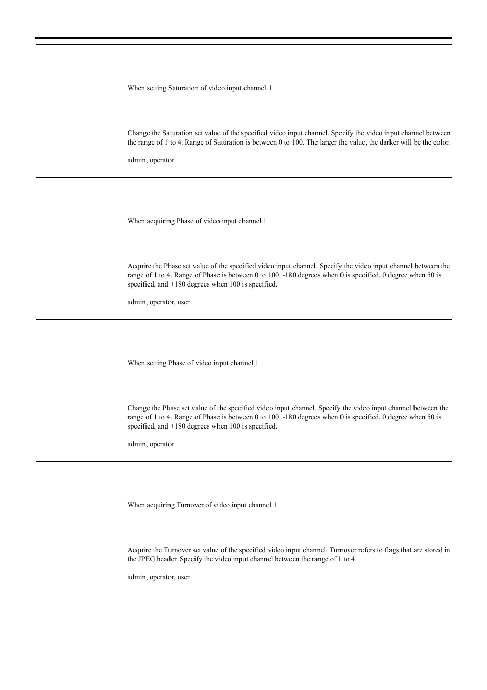 Setting saturation for vn-e4, Acquiring phase from vn-e4, Setting phase for vn-e4 | Acquiring turnover from vn-e4, Api for acquiring/changing parameters of vn-e4, Signal input setting saturation for vn-e4 | JVC 4ch Network Encoder VN-E4 User Manual | Page 21 / 80