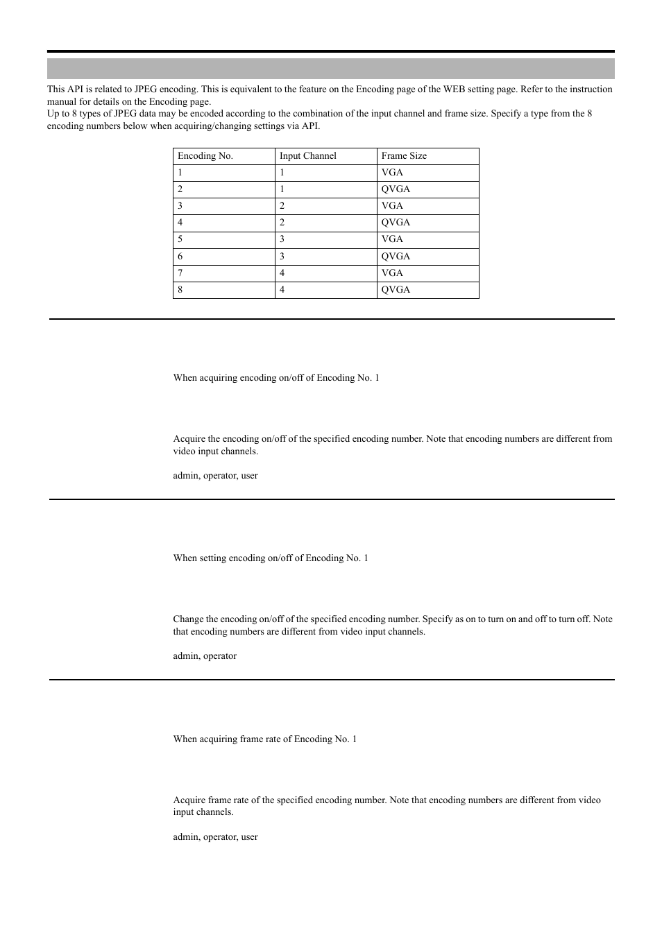 Jpeg encoding, Acquiring jpeg encoding on/off from vn-e4, Setting jpeg encoding on/off for vn-e4 | Acquiring frame rate from vn-e4, Api for acquiring/changing parameters of vn-e4 | JVC 4ch Network Encoder VN-E4 User Manual | Page 23 / 80