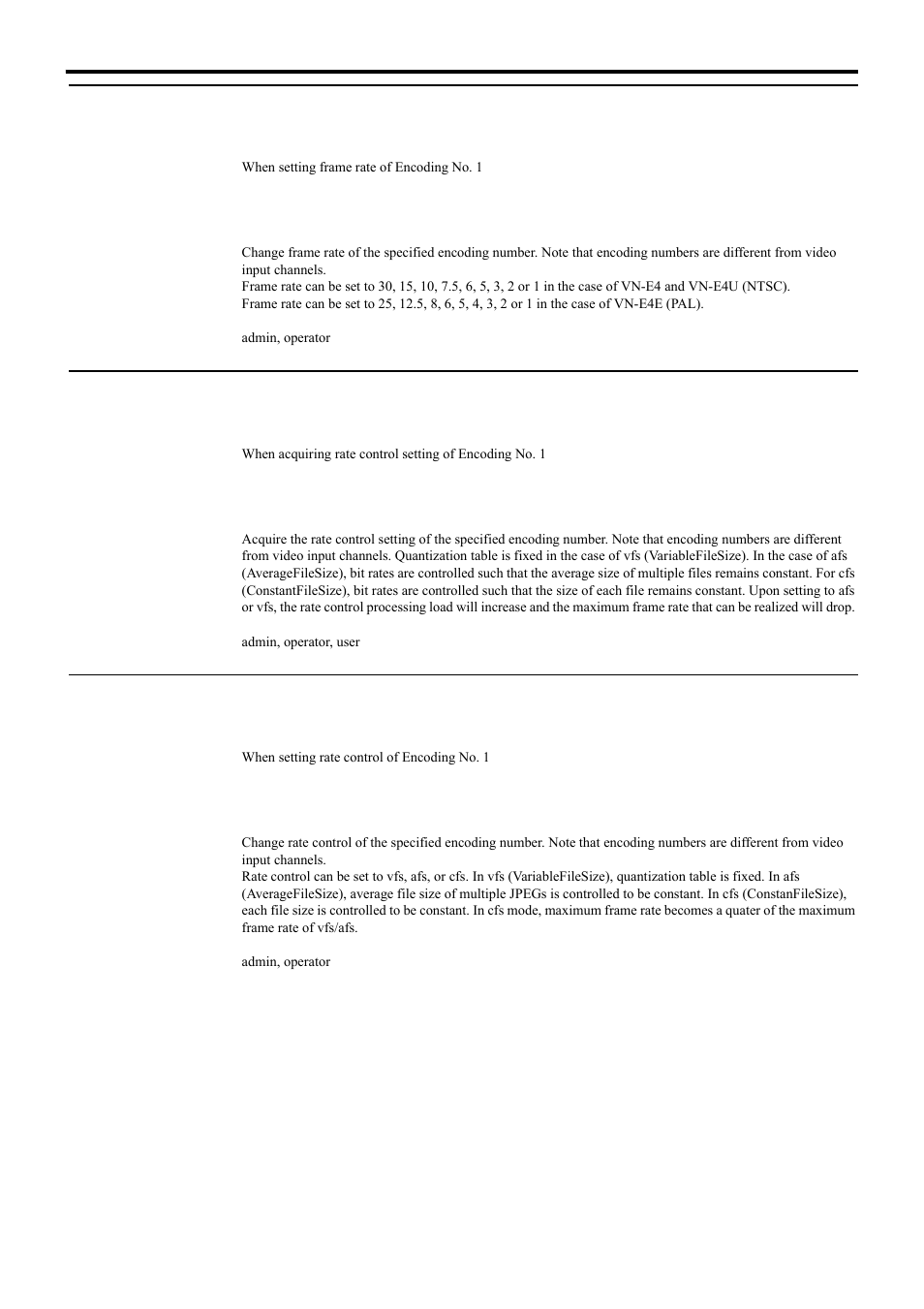Setting jpeg frame rate for vn-e4, Acquiring rate control setting from vn-e4, Setting rate control for vn-e4 | Api for acquiring/changing parameters of vn-e4, Jpeg encoding setting jpeg frame rate for vn-e4 | JVC 4ch Network Encoder VN-E4 User Manual | Page 24 / 80
