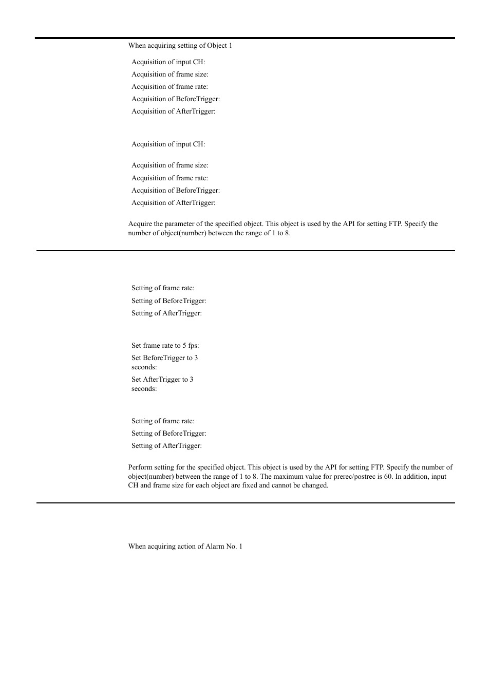 Setting jpeg parameters added to ftp from vn-e4, Acquiring alarm action from vn-e4, Api for acquiring/changing parameters of vn-e4 | Alarm setting | JVC 4ch Network Encoder VN-E4 User Manual | Page 28 / 80