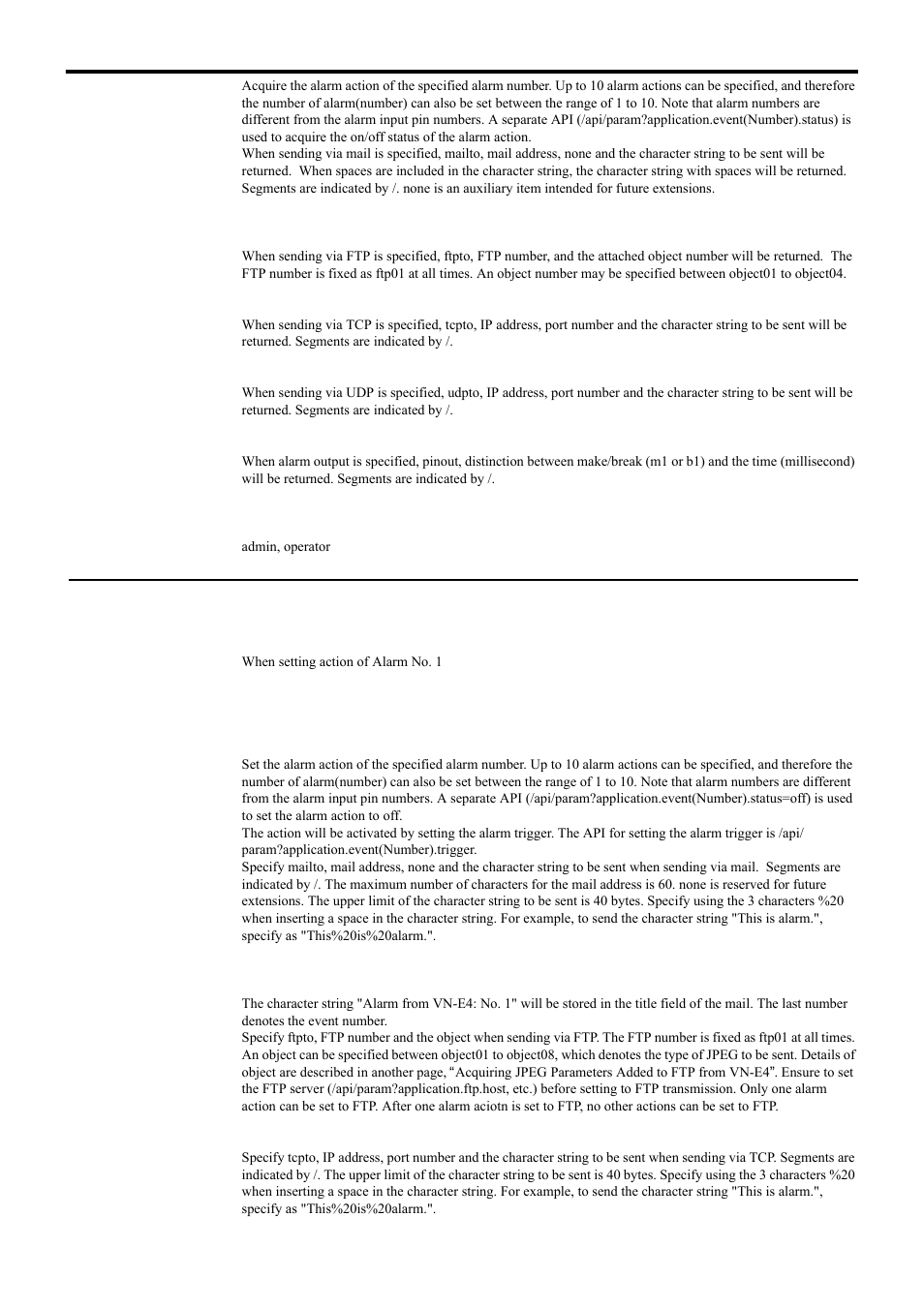 Setting alarm action for vn-e4, Api for acquiring/changing parameters of vn-e4, Alarm setting | JVC 4ch Network Encoder VN-E4 User Manual | Page 29 / 80