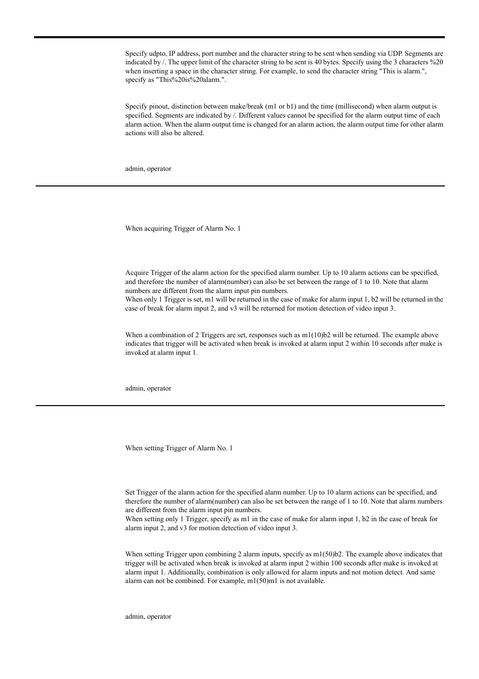 Acquiring alarm trigger from vn-e4, Setting alarm trigger for vn-e4, Api for acquiring/changing parameters of vn-e4 | Alarm setting | JVC 4ch Network Encoder VN-E4 User Manual | Page 30 / 80