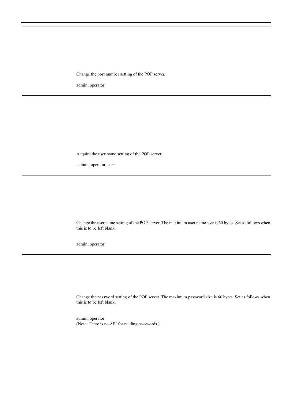 Setting pop server port number for vn-e4, Acquiring pop server user name setting from vn-e4, Setting pop server user name for vn-e4 | Setting pop server password for vn-e4, Api for acquiring/changing parameters of vn-e4 | JVC 4ch Network Encoder VN-E4 User Manual | Page 33 / 80