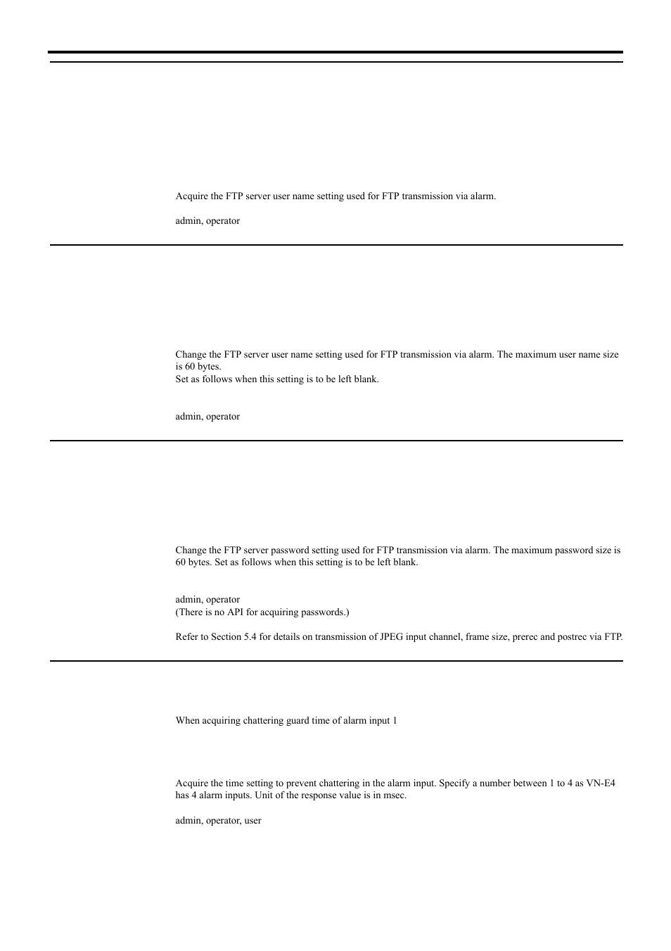 Acquiring ftp server user name setting from vn-e4, Setting ftp server user name for vn-e4, Setting ftp server password for vn-e4 | Api for acquiring/changing parameters of vn-e4 | JVC 4ch Network Encoder VN-E4 User Manual | Page 35 / 80