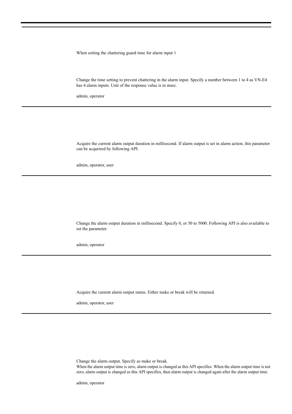 Acquiring alarm output time setting from vn-e4, Setting alarm output time for vn-e4, Acquiring alarm output status from vn-e4 | Changing alarm output of vn-e4, Api for acquiring/changing parameters of vn-e4 | JVC 4ch Network Encoder VN-E4 User Manual | Page 36 / 80