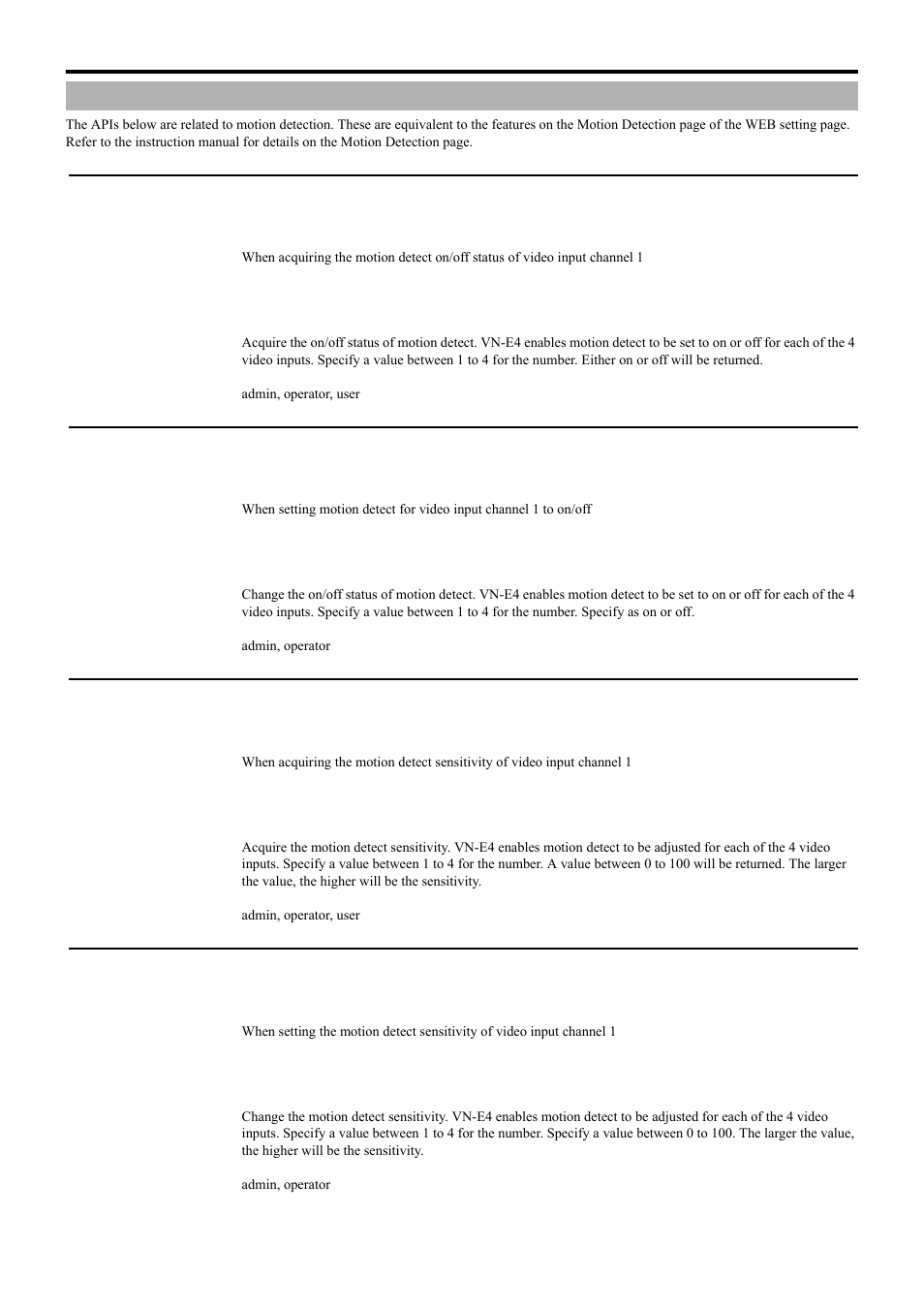 Motion detect, Acquiring motion detect on/off status from vn-e4, Setting motion detect to on/off for vn-e4 | Acquiring motion detect sensitivity from vn-e4, Setting motion detect sensitivity for vn-e4, Api for acquiring/changing parameters of vn-e4 | JVC 4ch Network Encoder VN-E4 User Manual | Page 37 / 80