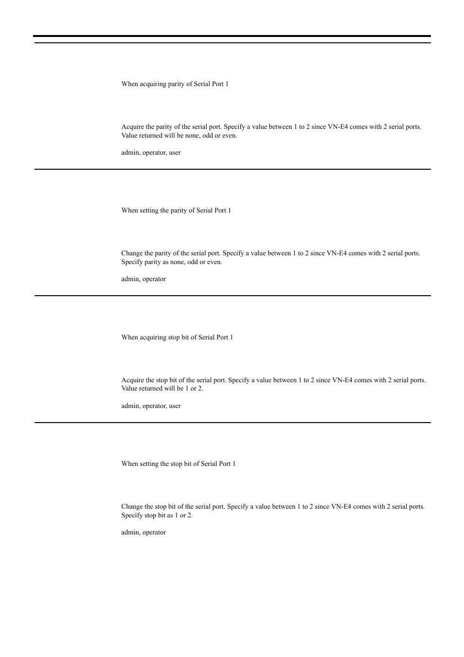 Acquiring serial port parity setting from vn-e4, Setting serial port parity for vn-e4, Acquiring serial port stop bit setting from vn-e4 | Setting serial port stop bit for vn-e4, Api for acquiring/changing parameters of vn-e4 | JVC 4ch Network Encoder VN-E4 User Manual | Page 41 / 80