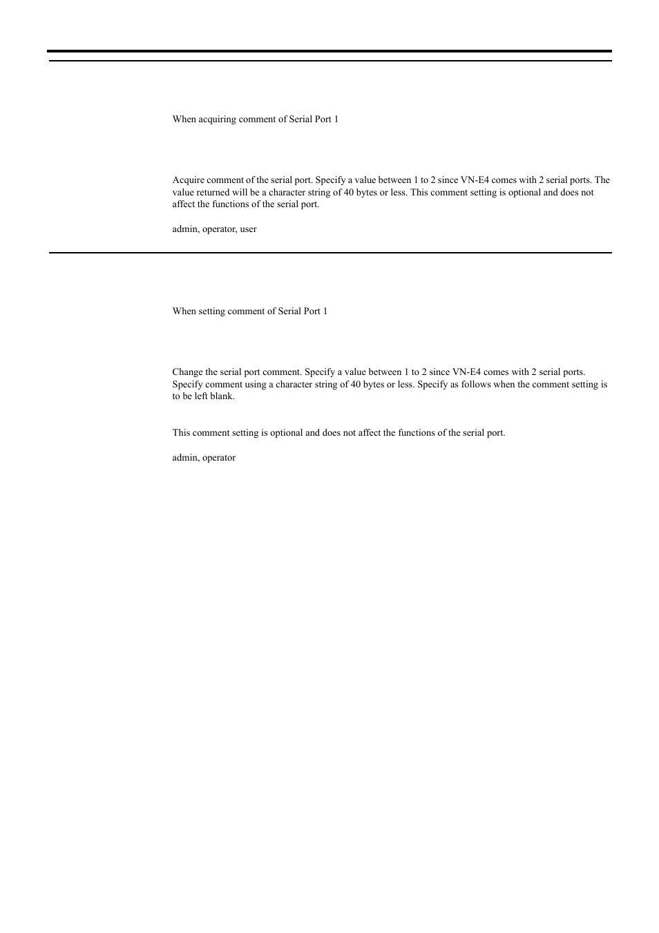 Acquiring serial port comment from vn-e4, Setting serial port comment for vn-e4, Api for acquiring/changing parameters of vn-e4 | JVC 4ch Network Encoder VN-E4 User Manual | Page 42 / 80