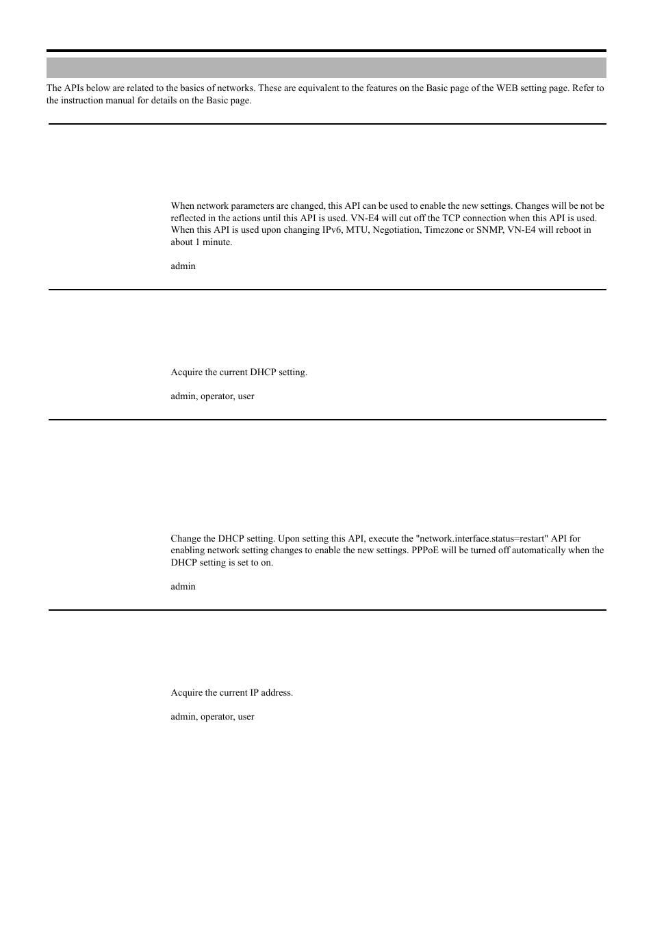 Network basics, Enabling network setting changes, Acquiring dhcp setting from vn-e4 | Setting dhcp for vn-e4, Acquiring ip address from vn-e4, Api for acquiring/changing parameters of vn-e4 | JVC 4ch Network Encoder VN-E4 User Manual | Page 43 / 80