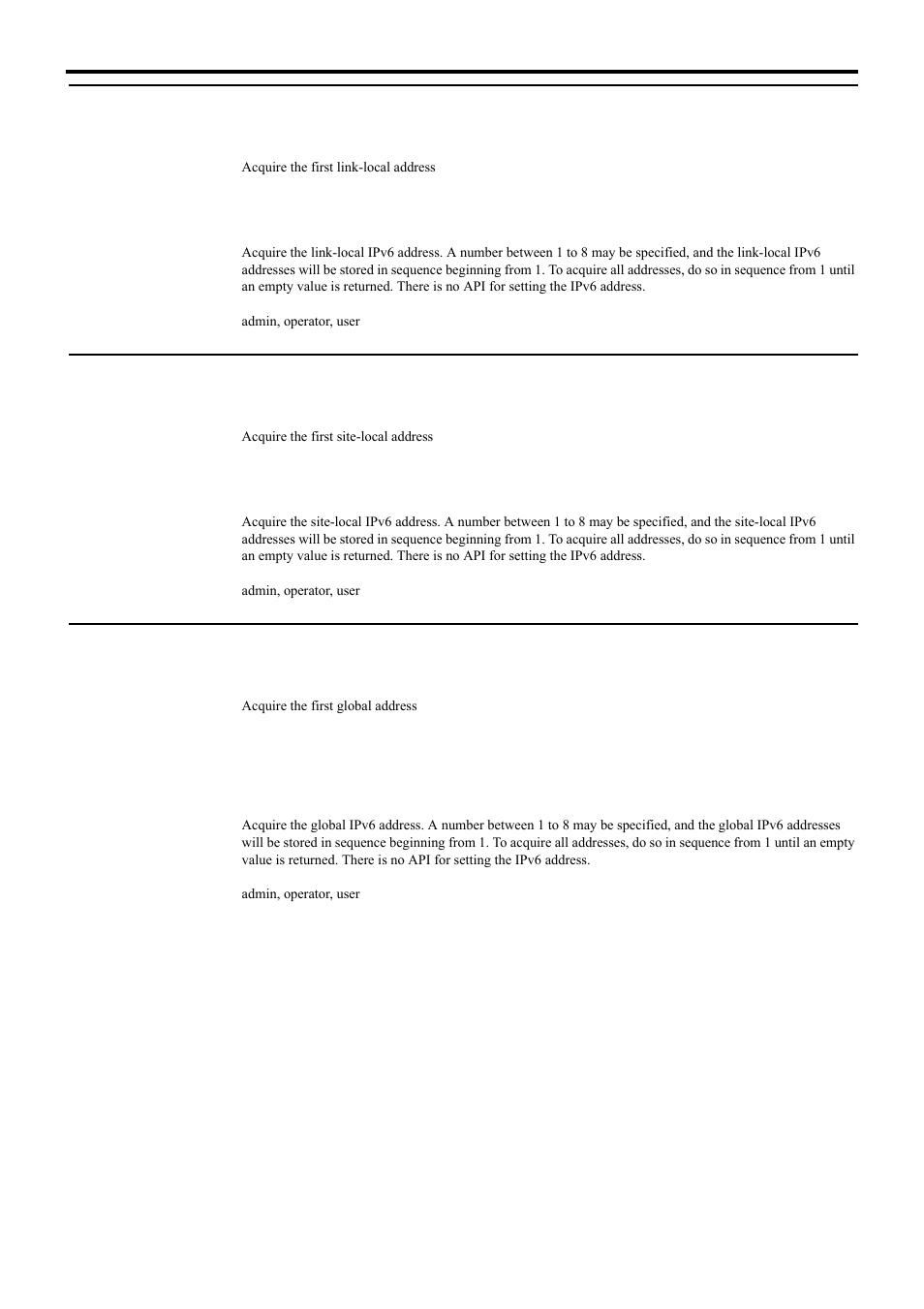 Acquiring link-local ipv6 address from vn-e4, Acquiring site-local ipv6 address from vn-e4, Acquiring global ipv6 address from vn-e4 | Api for acquiring/changing parameters of vn-e4 | JVC 4ch Network Encoder VN-E4 User Manual | Page 48 / 80
