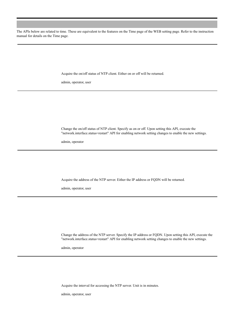 Time, Acquiring ntp server address from vn-e4, Setting ntp server address for vn-e4 | Acquiring access interval to ntp server from vn-e4, Api for acquiring/changing parameters of vn-e4 | JVC 4ch Network Encoder VN-E4 User Manual | Page 56 / 80