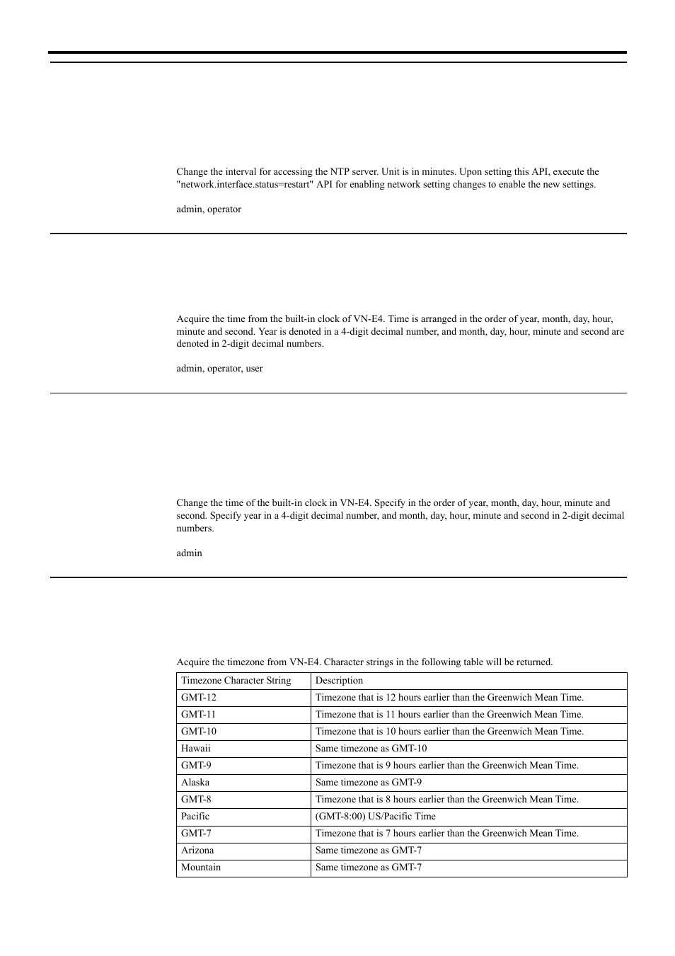 Setting access interval to ntp server for vn-e4, Acquiring time from vn-e4, Setting time for vn-e4 | Acquiring timezone from vn-e4, Api for acquiring/changing parameters of vn-e4 | JVC 4ch Network Encoder VN-E4 User Manual | Page 57 / 80