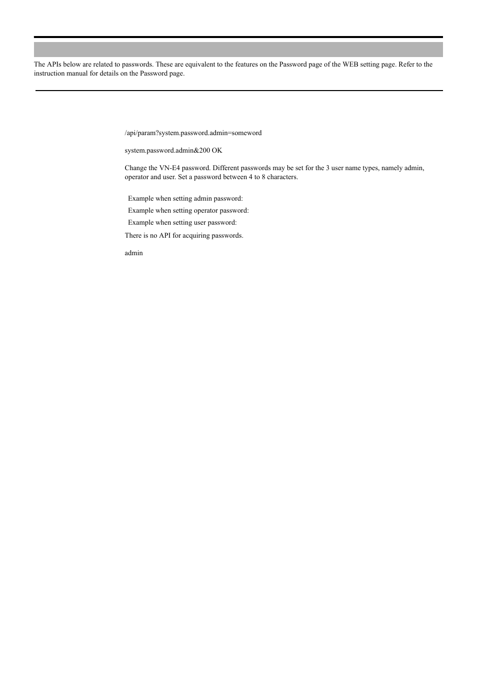 Password, Setting password for vn-e4, Api for acquiring/changing parameters of vn-e4 | JVC 4ch Network Encoder VN-E4 User Manual | Page 59 / 80