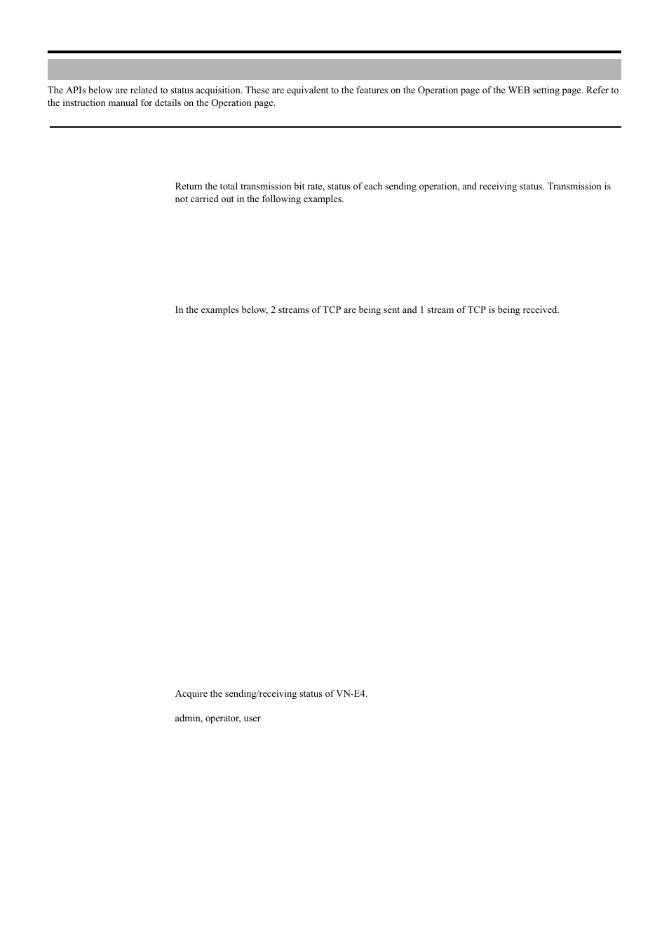 Acquiring status, Acquiring sending status, Api for acquiring/changing parameters of vn-e4 | JVC 4ch Network Encoder VN-E4 User Manual | Page 61 / 80