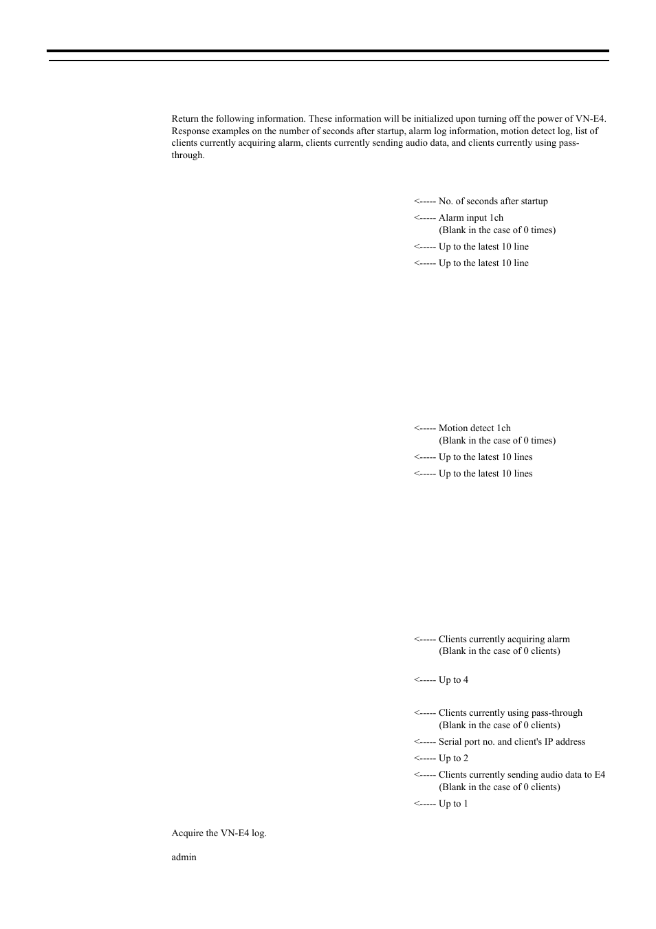 Acquiring log, Api for acquiring/changing parameters of vn-e4, Acquiring status acquiring log | JVC 4ch Network Encoder VN-E4 User Manual | Page 62 / 80