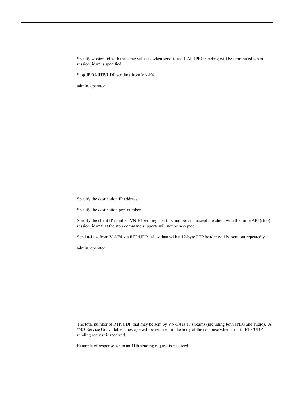 2) stopping jpeg/rtp/udp sending from vn-e4, 3) sending audio (u-law) from vn-e4 via rtp/udp, Api for sending jpeg/audio from vn-e4 via udp | JVC 4ch Network Encoder VN-E4 User Manual | Page 67 / 80