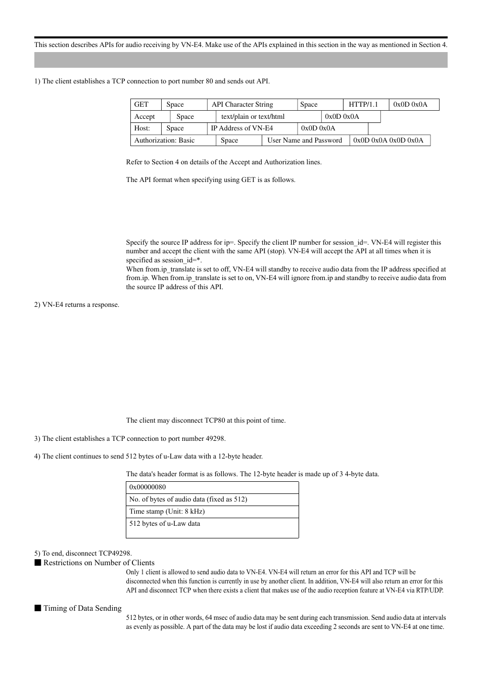 Api for audio receiving by vn-e4, Audio receiving via http | JVC 4ch Network Encoder VN-E4 User Manual | Page 69 / 80