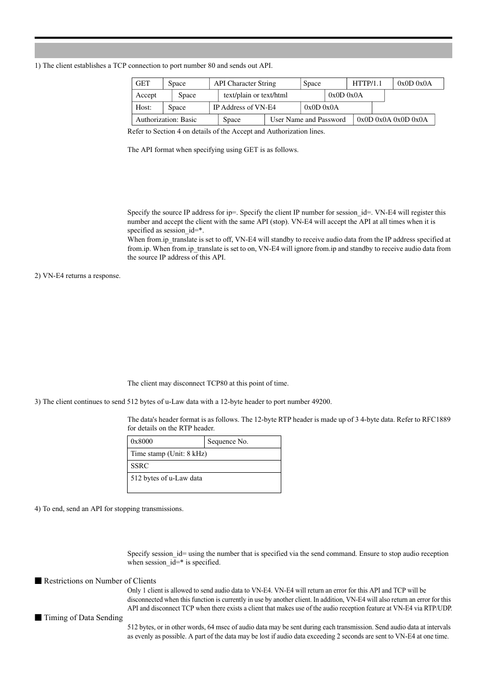 Audio receiving via rtp, Api for audio receiving by vn-e4 | JVC 4ch Network Encoder VN-E4 User Manual | Page 70 / 80
