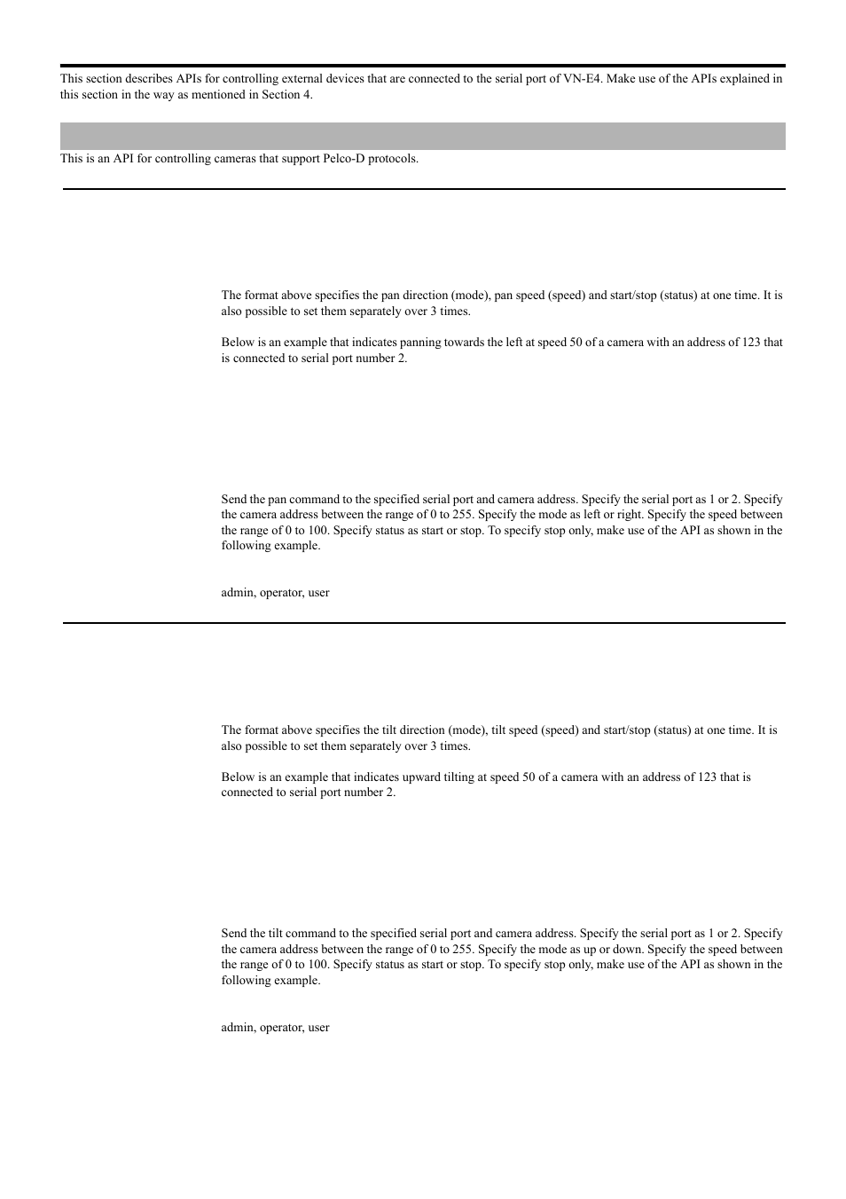 Control of pelco-d camera, 1) pan control, 2) tilt control | Api for controlling external devices connected, To vn-e4, 1) pan control (2) tilt control | JVC 4ch Network Encoder VN-E4 User Manual | Page 71 / 80