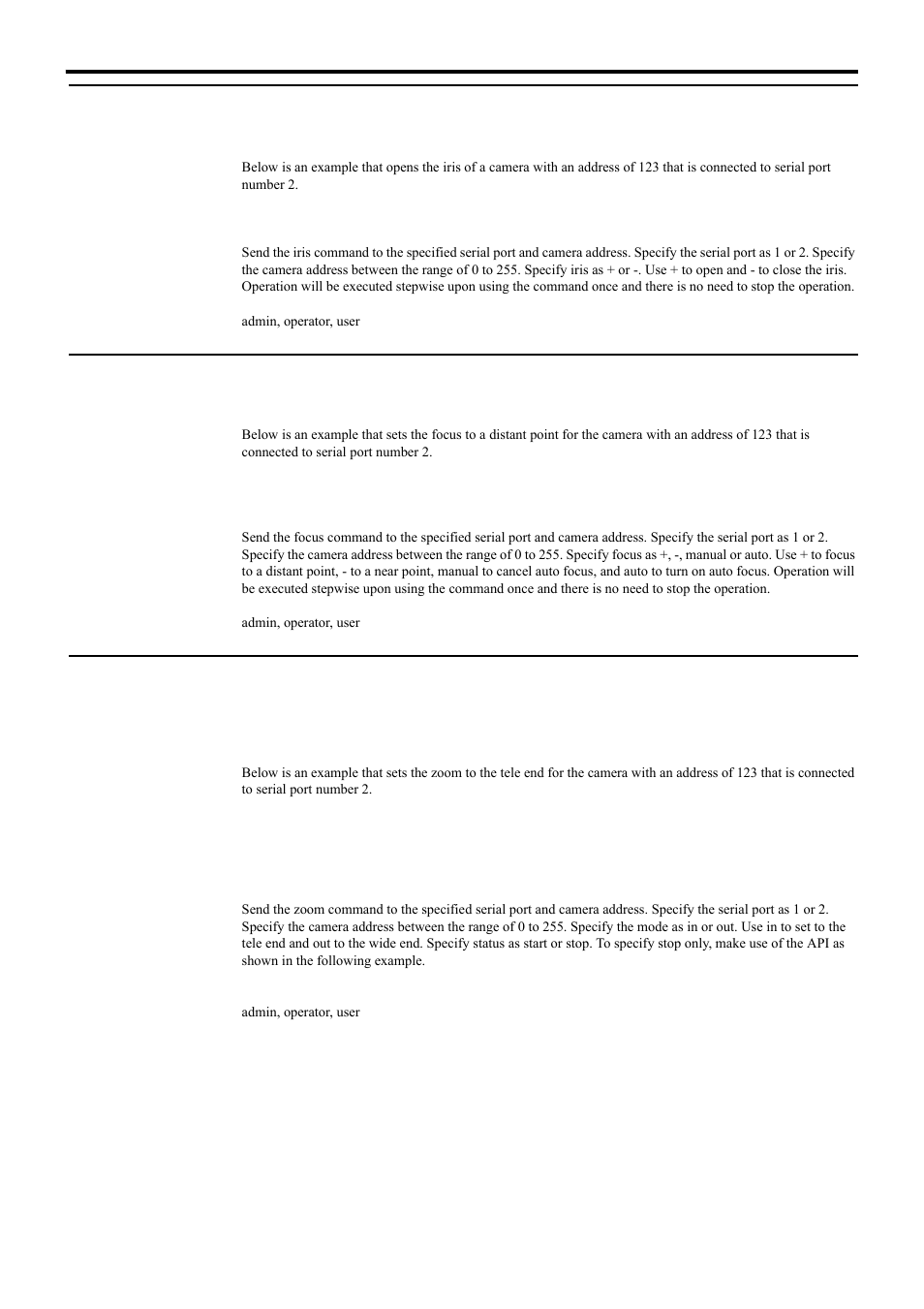 3) iris control, 4) focus control, 5) zoom control | 3) iris control (4) focus control (5) zoom control, Control of pelco-d camera (3) iris control | JVC 4ch Network Encoder VN-E4 User Manual | Page 72 / 80