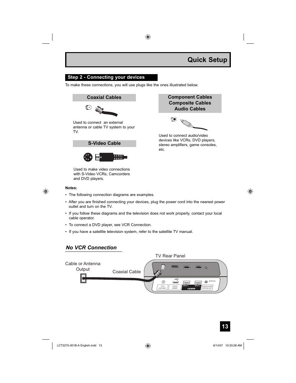 Step 2 - connecting your devices, Quick setup, No vcr connection | Coaxial cables s-video cable, Component cables composite cables audio cables | JVC 0607TNH-II-IM User Manual | Page 13 / 80