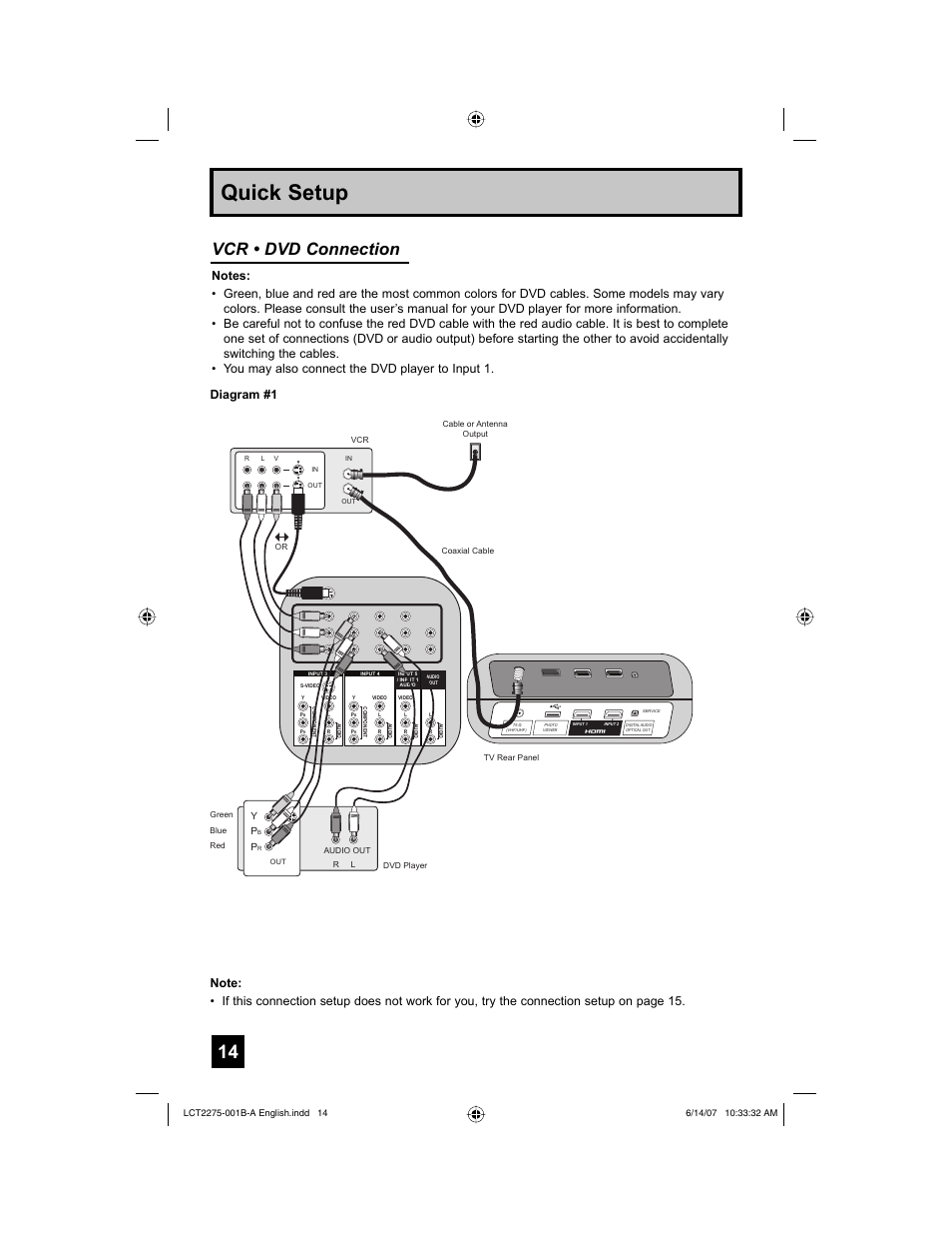 Quick setup, Vcr • dvd connection | JVC 0607TNH-II-IM User Manual | Page 14 / 80