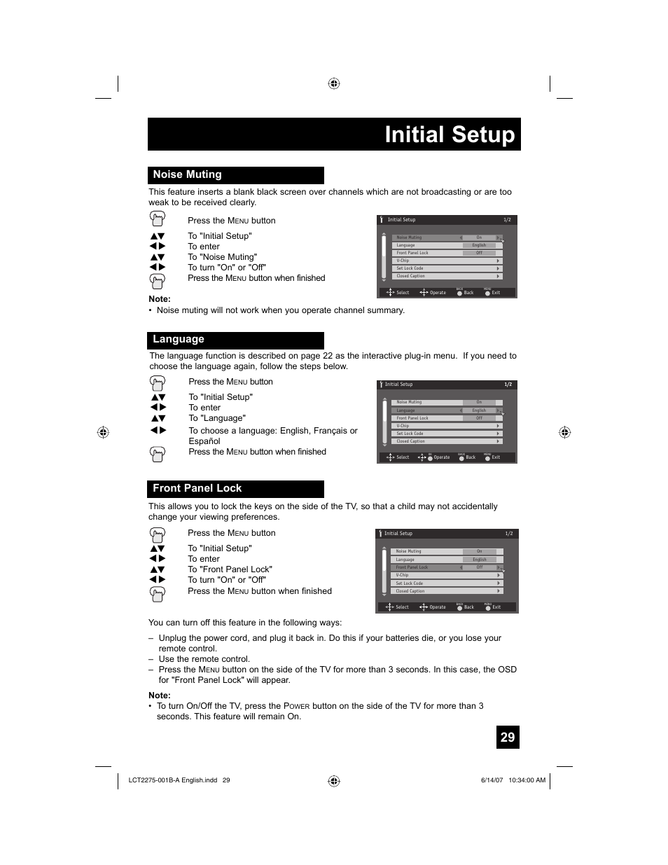 Initial setup, Noise muting, Language | Front panel lock, Language front panel lock | JVC 0607TNH-II-IM User Manual | Page 29 / 80