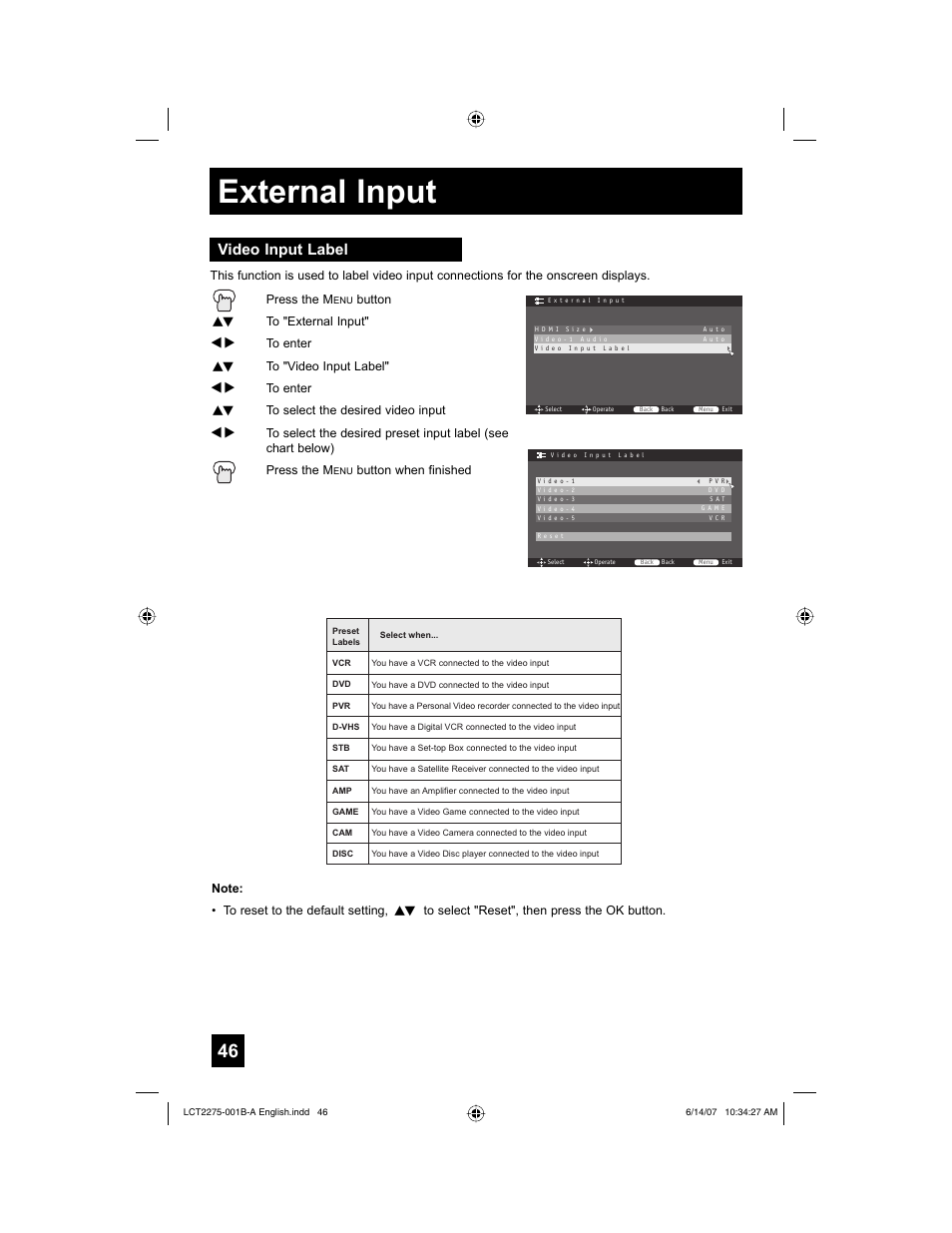Video input label, External input | JVC 0607TNH-II-IM User Manual | Page 46 / 80