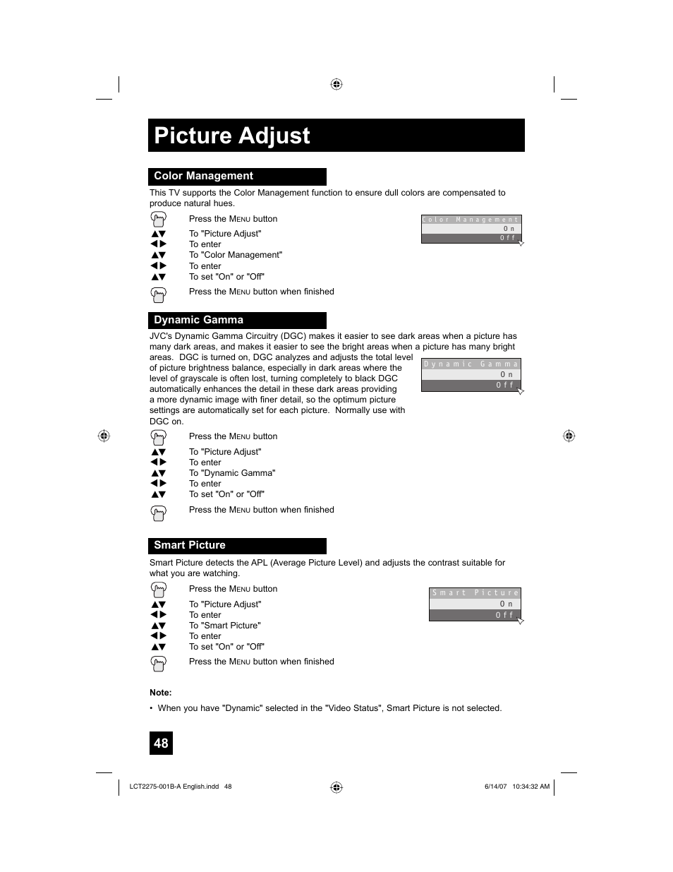 Color management, Dynamic gamma, Smart picture | Picture adjust | JVC 0607TNH-II-IM User Manual | Page 48 / 80