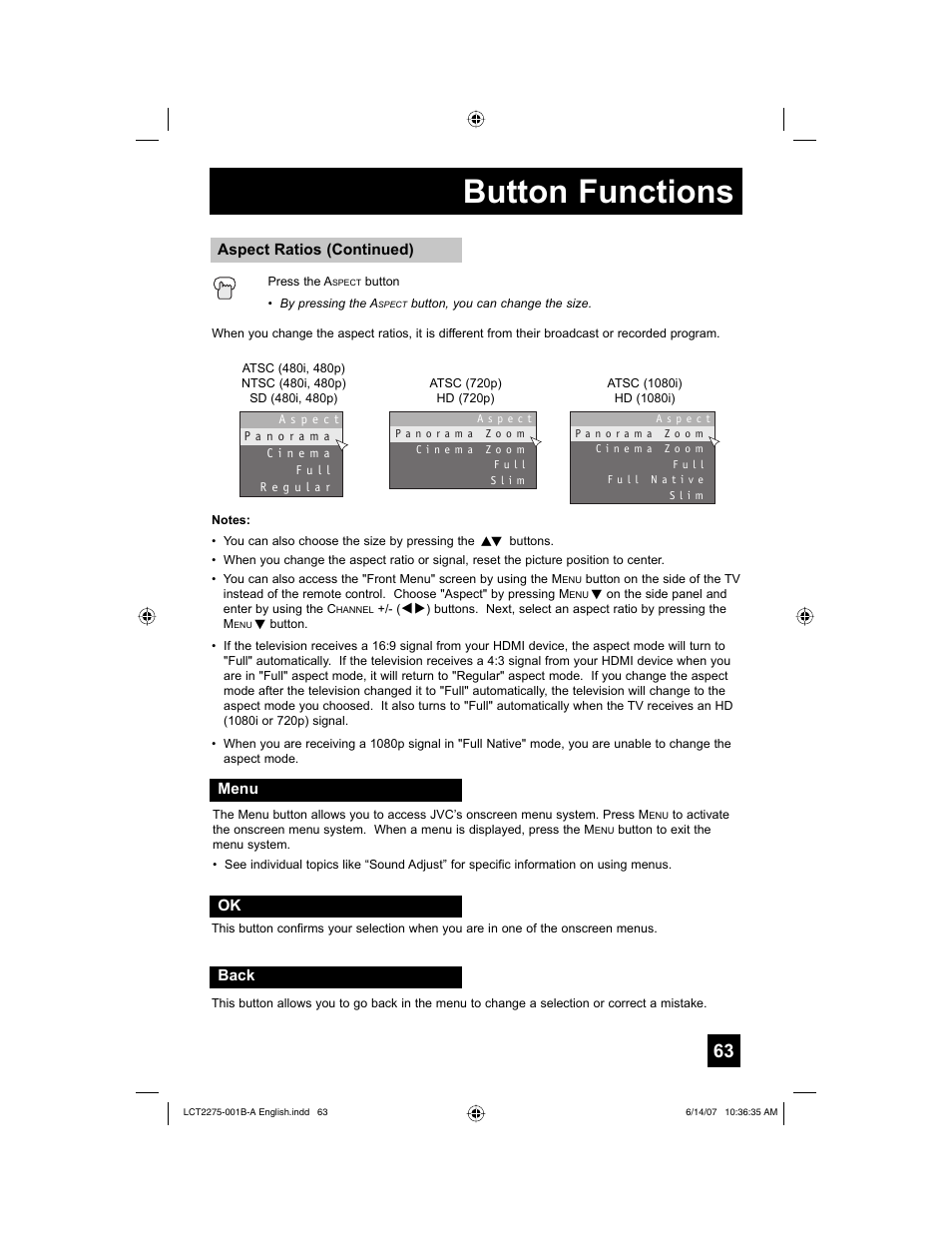 Menu, Back, Button functions | JVC 0607TNH-II-IM User Manual | Page 63 / 80