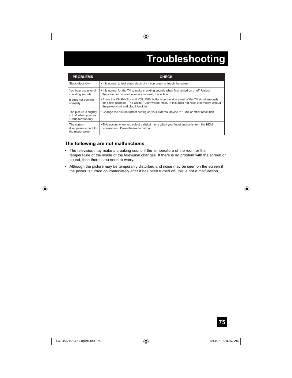 Troubleshooting, The following are not malfunctions | JVC 0607TNH-II-IM User Manual | Page 75 / 80