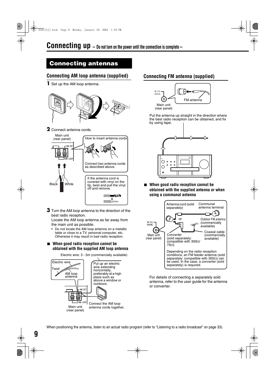 Connecting up, Connecting antennas, Connection | Connecting am loop antenna (supplied) 1, Connecting fm antenna (supplied) | JVC CA-EXA1 User Manual | Page 12 / 44